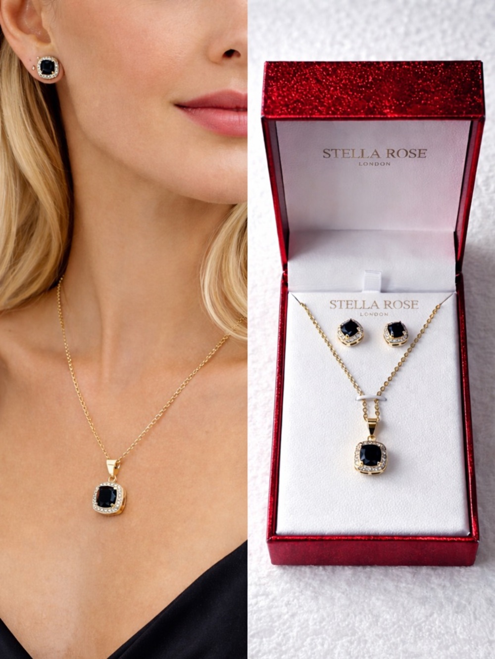 STELLA ROSE London Black Cushion Cut Crystal Set Gold Necklace Earrings NWT